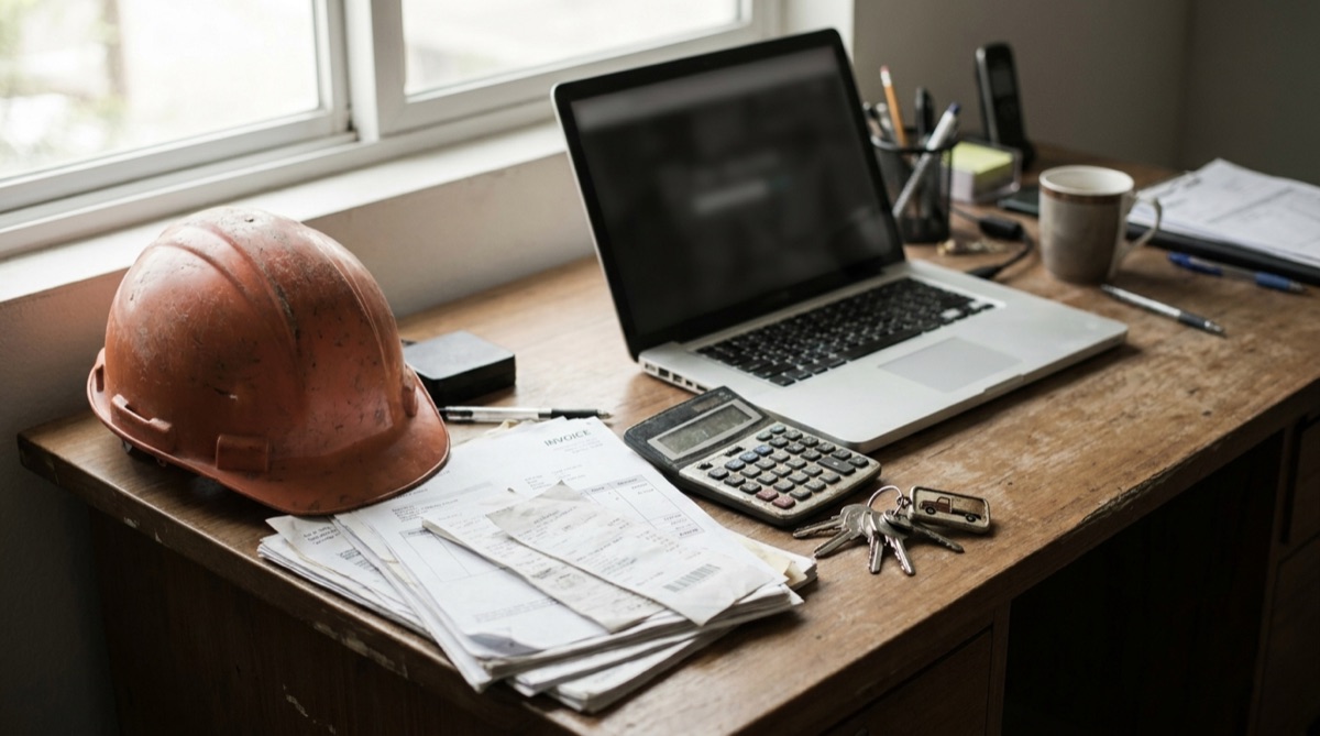 Contractor desk with monthly website invoices beside a laptop